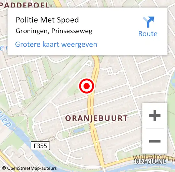 Locatie op kaart van de 112 melding: Politie Met Spoed Naar Groningen, Prinsesseweg op 29 september 2023 16:04