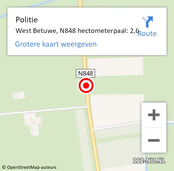 Locatie op kaart van de 112 melding: Politie West Betuwe, N848 hectometerpaal: 2,6 op 29 september 2023 17:29