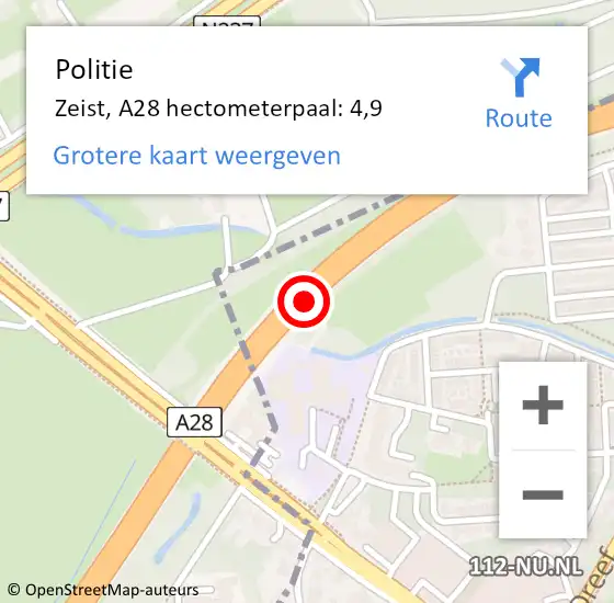 Locatie op kaart van de 112 melding: Politie Zeist, A28 hectometerpaal: 4,9 op 29 september 2023 17:32