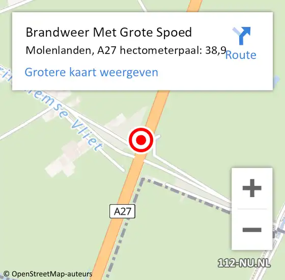 Locatie op kaart van de 112 melding: Brandweer Met Grote Spoed Naar Molenlanden, A27 hectometerpaal: 38,9 op 29 september 2023 17:53