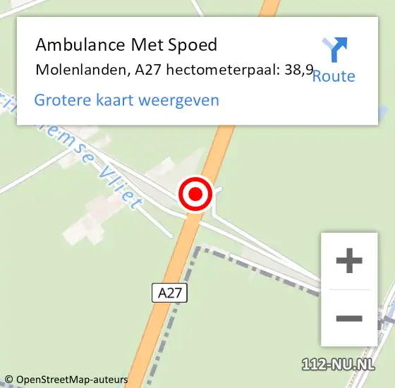 Locatie op kaart van de 112 melding: Ambulance Met Spoed Naar Molenlanden, A27 hectometerpaal: 38,9 op 29 september 2023 17:53