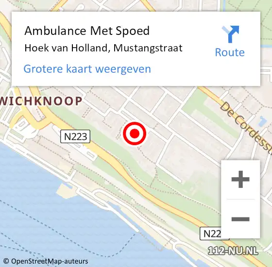 Locatie op kaart van de 112 melding: Ambulance Met Spoed Naar Hoek van Holland, Mustangstraat op 29 september 2023 19:16