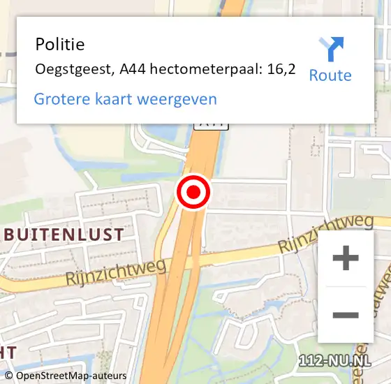 Locatie op kaart van de 112 melding: Politie Oegstgeest, A44 hectometerpaal: 16,2 op 29 september 2023 19:22