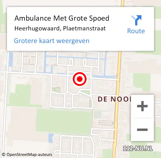 Locatie op kaart van de 112 melding: Ambulance Met Grote Spoed Naar Heerhugowaard, Plaetmanstraat op 29 september 2023 22:35