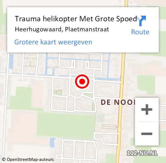 Locatie op kaart van de 112 melding: Trauma helikopter Met Grote Spoed Naar Heerhugowaard, Plaetmanstraat op 29 september 2023 22:36