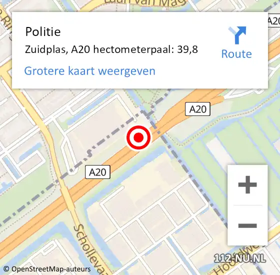 Locatie op kaart van de 112 melding: Politie Zuidplas, A20 hectometerpaal: 39,8 op 29 september 2023 23:02