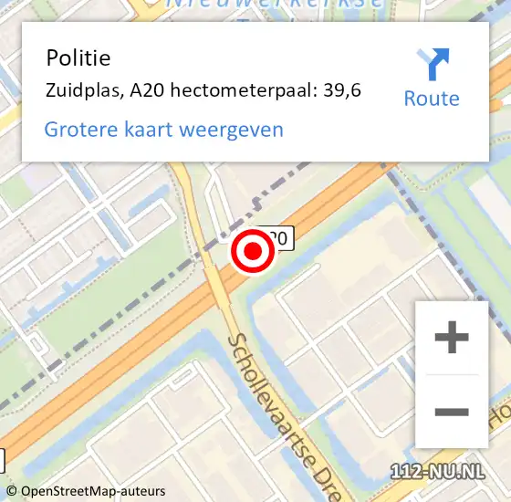 Locatie op kaart van de 112 melding: Politie Zuidplas, A20 hectometerpaal: 39,6 op 29 september 2023 23:03