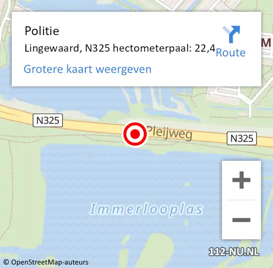 Locatie op kaart van de 112 melding: Politie Lingewaard, N325 hectometerpaal: 22,4 op 30 september 2023 05:16