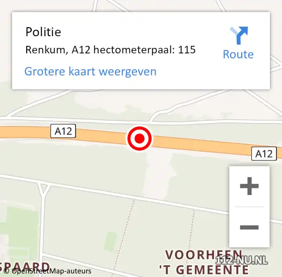 Locatie op kaart van de 112 melding: Politie Renkum, A12 hectometerpaal: 115 op 30 september 2023 13:56