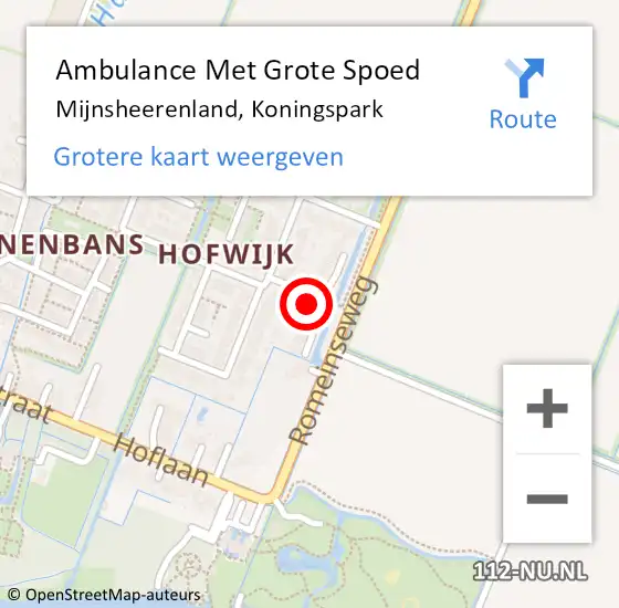 Locatie op kaart van de 112 melding: Ambulance Met Grote Spoed Naar Mijnsheerenland, Koningspark op 30 september 2023 14:30