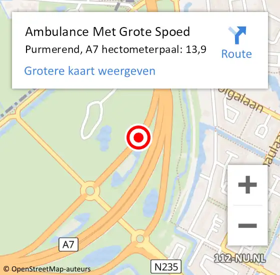 Locatie op kaart van de 112 melding: Ambulance Met Grote Spoed Naar Purmerend, A7 hectometerpaal: 13,9 op 30 september 2023 15:02