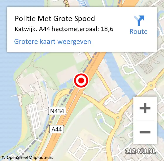 Locatie op kaart van de 112 melding: Politie Met Grote Spoed Naar Katwijk, A44 hectometerpaal: 18,6 op 30 september 2023 16:40