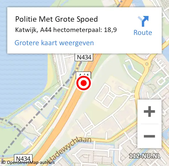 Locatie op kaart van de 112 melding: Politie Met Grote Spoed Naar Katwijk, A44 hectometerpaal: 18,9 op 30 september 2023 16:42