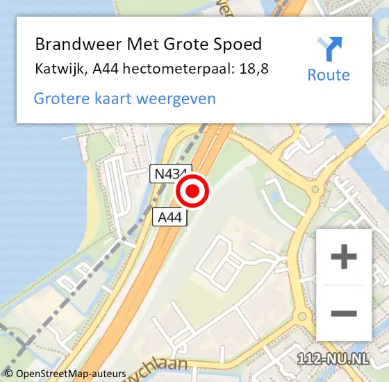 Locatie op kaart van de 112 melding: Brandweer Met Grote Spoed Naar Katwijk, A44 hectometerpaal: 18,8 op 30 september 2023 16:42