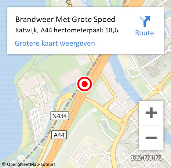 Locatie op kaart van de 112 melding: Brandweer Met Grote Spoed Naar Katwijk, A44 hectometerpaal: 18,6 op 30 september 2023 16:58
