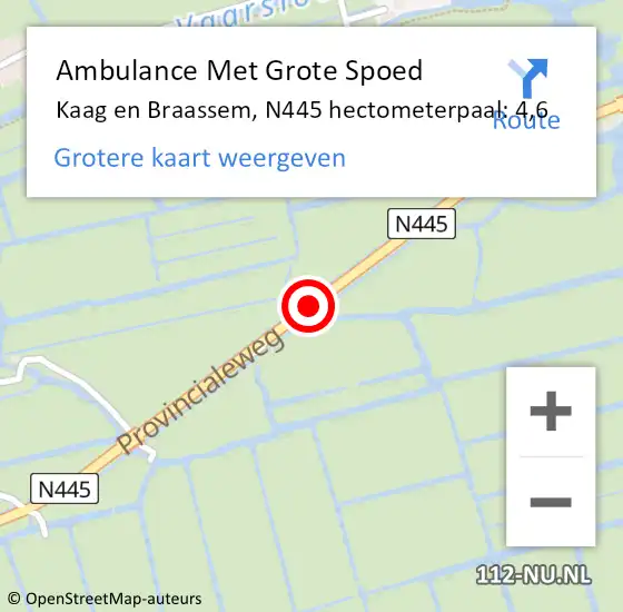 Locatie op kaart van de 112 melding: Ambulance Met Grote Spoed Naar Kaag en Braassem, N445 hectometerpaal: 4,6 op 30 september 2023 20:23