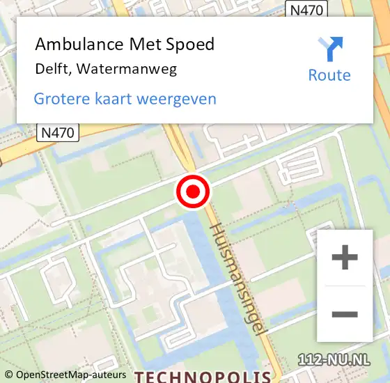 Locatie op kaart van de 112 melding: Ambulance Met Spoed Naar Delft, Watermanweg op 10 september 2014 03:16