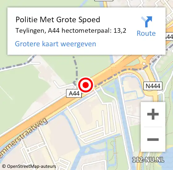 Locatie op kaart van de 112 melding: Politie Met Grote Spoed Naar Teylingen, A44 hectometerpaal: 13,2 op 30 september 2023 21:07