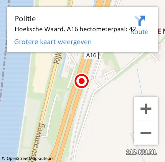 Locatie op kaart van de 112 melding: Politie Hoeksche Waard, A16 hectometerpaal: 42 op 30 september 2023 22:45