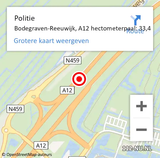 Locatie op kaart van de 112 melding: Politie Bodegraven-Reeuwijk, A12 hectometerpaal: 33,4 op 1 oktober 2023 00:02