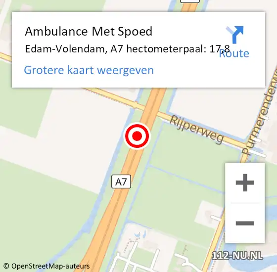Locatie op kaart van de 112 melding: Ambulance Met Spoed Naar Edam-Volendam, A7 hectometerpaal: 17,8 op 1 oktober 2023 03:06
