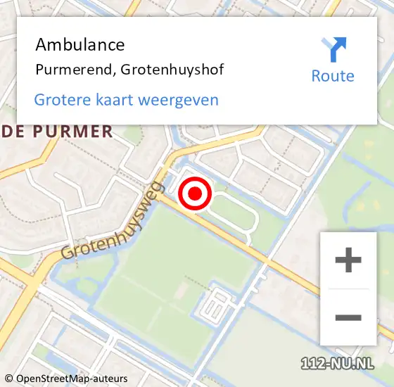 Locatie op kaart van de 112 melding: Ambulance Purmerend, Grotenhuyshof op 1 oktober 2023 05:04