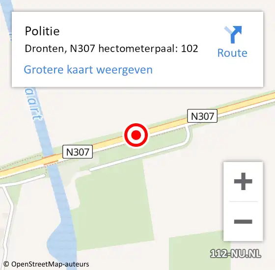 Locatie op kaart van de 112 melding: Politie Dronten, N307 hectometerpaal: 102 op 1 oktober 2023 05:45