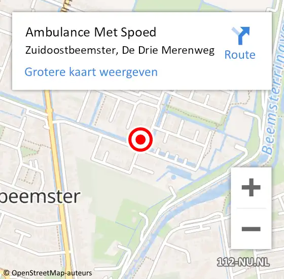 Locatie op kaart van de 112 melding: Ambulance Met Spoed Naar Zuidoostbeemster, De Drie Merenweg op 1 oktober 2023 06:46