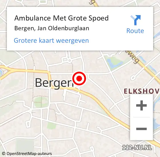 Locatie op kaart van de 112 melding: Ambulance Met Grote Spoed Naar Bergen, Jan Oldenburglaan op 1 oktober 2023 14:30