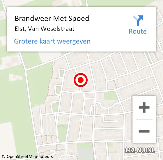 Locatie op kaart van de 112 melding: Brandweer Met Spoed Naar Elst, Van Weselstraat op 1 oktober 2023 15:28