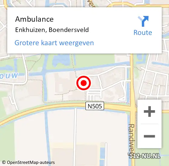 Locatie op kaart van de 112 melding: Ambulance Enkhuizen, Boendersveld op 1 oktober 2023 15:41