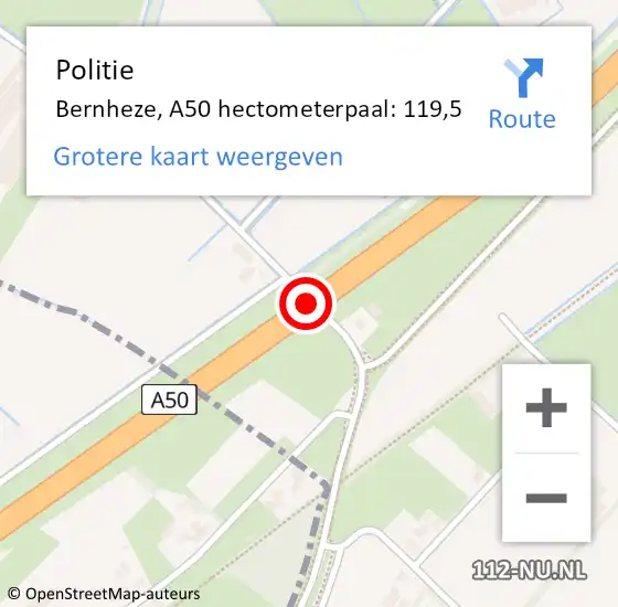 Locatie op kaart van de 112 melding: Politie Bernheze, A50 hectometerpaal: 119,5 op 1 oktober 2023 16:16