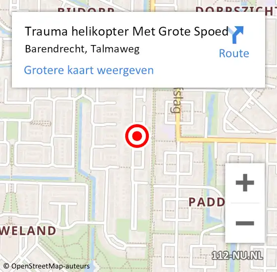 Locatie op kaart van de 112 melding: Trauma helikopter Met Grote Spoed Naar Barendrecht, Talmaweg op 1 oktober 2023 17:05