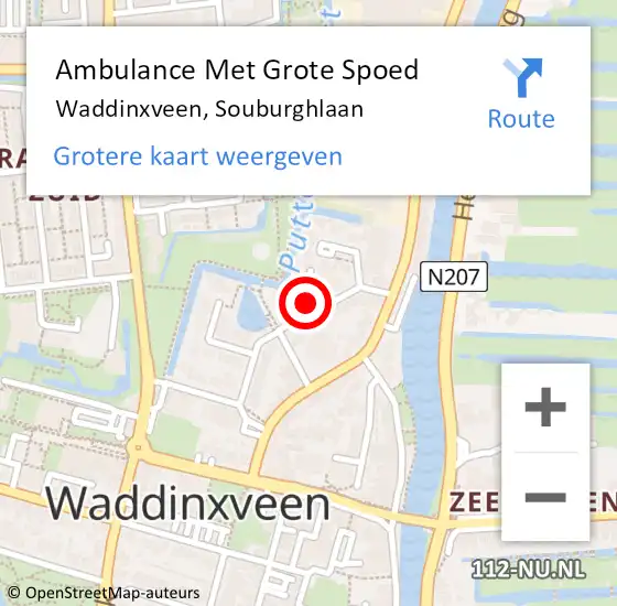 Locatie op kaart van de 112 melding: Ambulance Met Grote Spoed Naar Waddinxveen, Souburghlaan op 1 oktober 2023 21:48