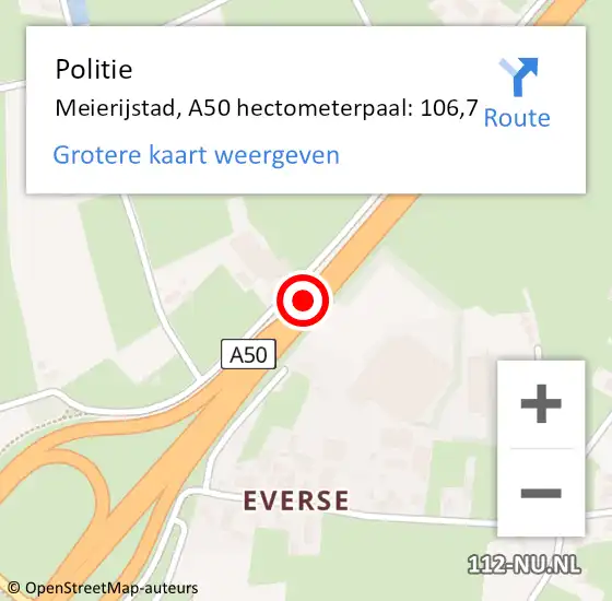 Locatie op kaart van de 112 melding: Politie Meierijstad, A50 hectometerpaal: 106,7 op 1 oktober 2023 23:09