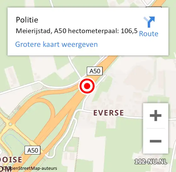 Locatie op kaart van de 112 melding: Politie Meierijstad, A50 hectometerpaal: 106,5 op 1 oktober 2023 23:09