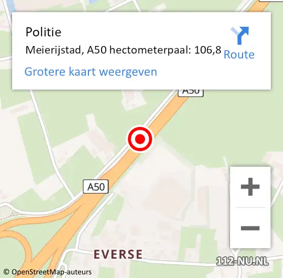 Locatie op kaart van de 112 melding: Politie Meierijstad, A50 hectometerpaal: 106,8 op 1 oktober 2023 23:13