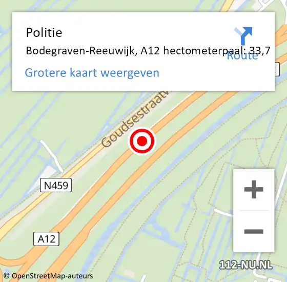 Locatie op kaart van de 112 melding: Politie Bodegraven-Reeuwijk, A12 hectometerpaal: 33,7 op 2 oktober 2023 07:45