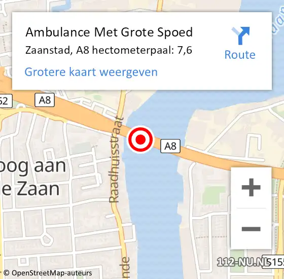 Locatie op kaart van de 112 melding: Ambulance Met Grote Spoed Naar Zaanstad, A8 hectometerpaal: 7,6 op 2 oktober 2023 07:48