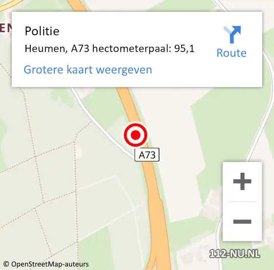 Locatie op kaart van de 112 melding: Politie Heumen, A73 hectometerpaal: 95,1 op 2 oktober 2023 09:28