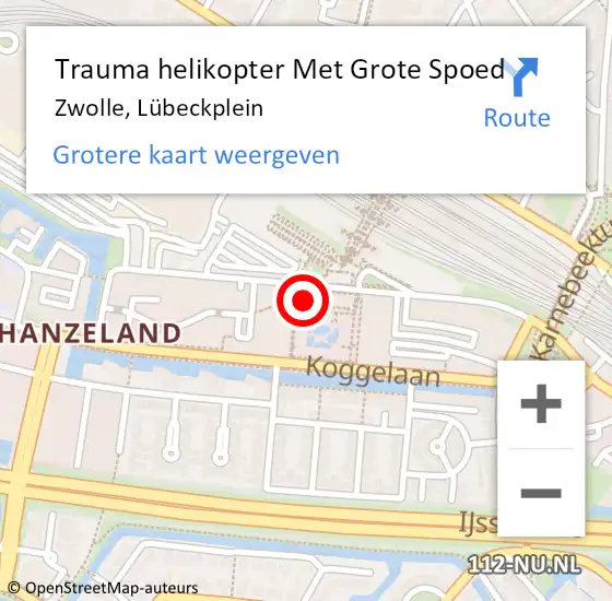 Locatie op kaart van de 112 melding: Trauma helikopter Met Grote Spoed Naar Zwolle, Lübeckplein op 2 oktober 2023 10:20