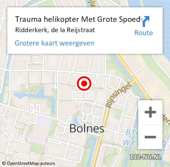 Locatie op kaart van de 112 melding: Trauma helikopter Met Grote Spoed Naar Ridderkerk, de la Reijstraat op 2 oktober 2023 11:11