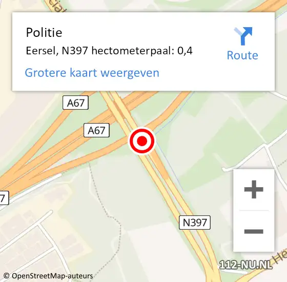 Locatie op kaart van de 112 melding: Politie Eersel, N397 hectometerpaal: 0,4 op 2 oktober 2023 11:15