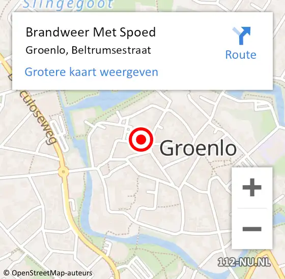 Locatie op kaart van de 112 melding: Brandweer Met Spoed Naar Groenlo, Beltrumsestraat op 2 oktober 2023 11:33