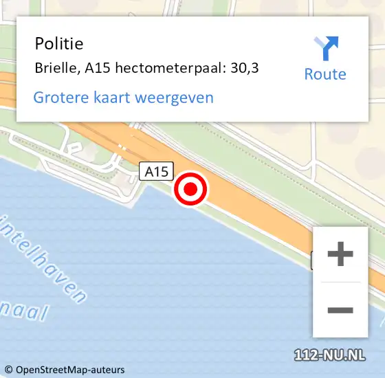 Locatie op kaart van de 112 melding: Politie Brielle, A15 hectometerpaal: 30,3 op 2 oktober 2023 14:32