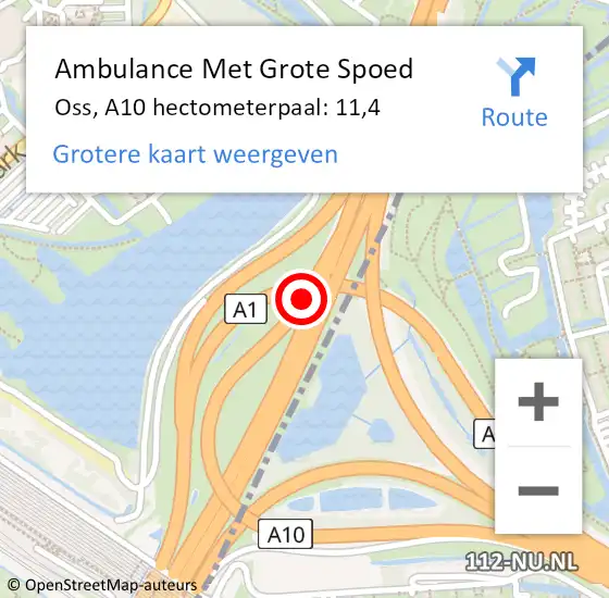 Locatie op kaart van de 112 melding: Ambulance Met Grote Spoed Naar Oss, A10 hectometerpaal: 11,4 op 2 oktober 2023 15:17