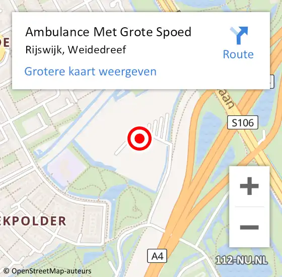Locatie op kaart van de 112 melding: Ambulance Met Grote Spoed Naar Rijswijk, Weidedreef op 2 oktober 2023 15:54