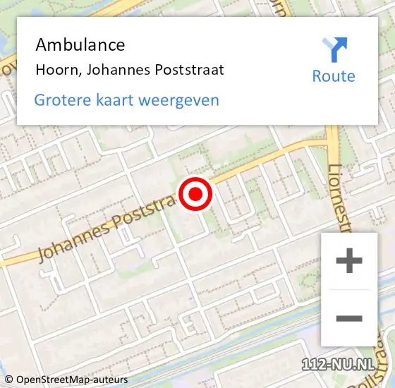 Locatie op kaart van de 112 melding: Ambulance Hoorn, Johannes Poststraat op 2 oktober 2023 16:57