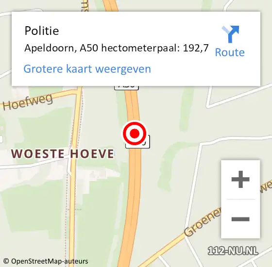 Locatie op kaart van de 112 melding: Politie Apeldoorn, A50 hectometerpaal: 192,7 op 2 oktober 2023 17:20