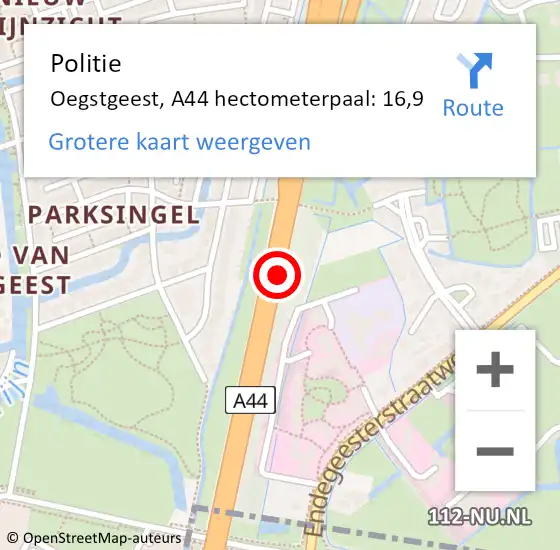 Locatie op kaart van de 112 melding: Politie Oegstgeest, A44 hectometerpaal: 16,9 op 2 oktober 2023 18:11